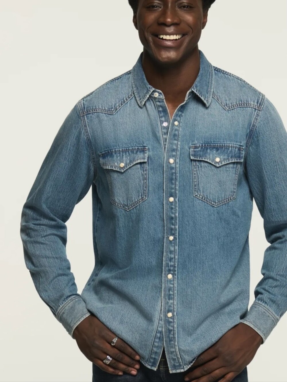 Lucky Brand Denim Western Shirt Classic Fit - Snap Front - Distressed L
